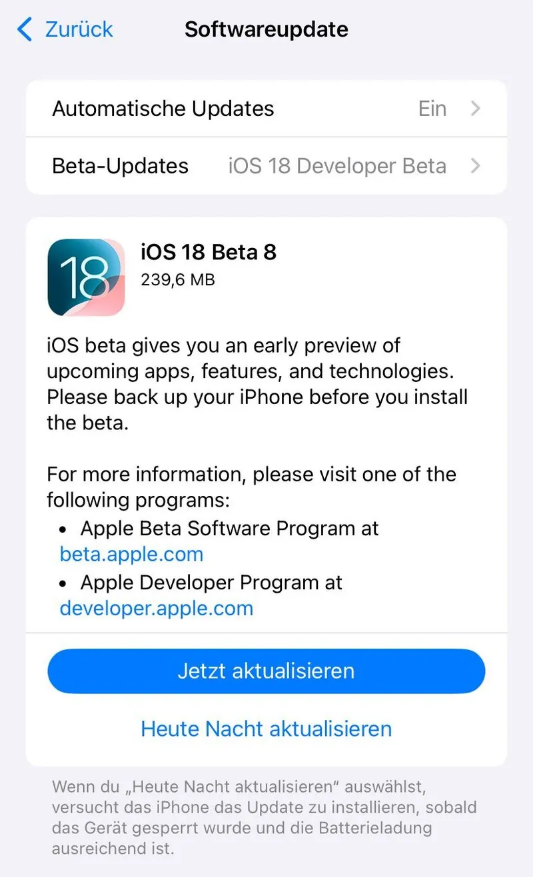 镇平苹果手机维修分享苹果 iOS / iPadOS 18 开发者预览版 Beta 8 发布 